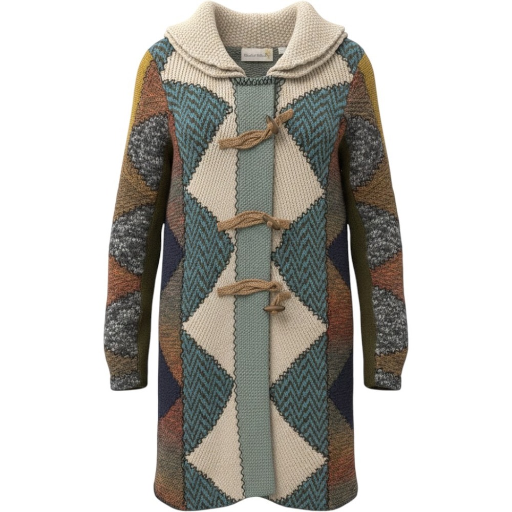 Charlie & Robin Anthropologie Patchwork Knit Toggle Cardigan Coat Hooded Large